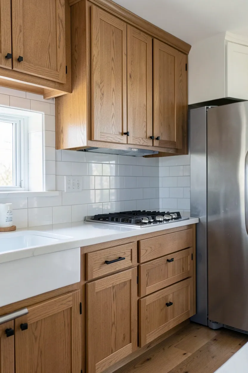 Matte black drawer pulls and cabinet knobs on warm wood kitchen cabinets — affordable renter-friendly upgrade with dramatic impact