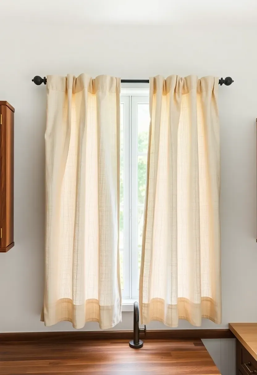Hyper-realistic eye-level photograph of natural linen curtains on kitchen windows. Natural linen curtains in creamy white with visible slub texture and slight irregularity in weave, hanging from simple black iron rod. Curtains partially covering window, allowing soft diffused natural light to filter through fabric. Through window, glimpses of green garden visible. Creamy white walls, reclaimed wood cabinets with brass hardware visible on either side of window. Butcher block counter with small prep area below. Materials: natural linen, wrought iron, reclaimed wood, walnut. Soft elegant rustic mood. Visible kitchen context - wall space around window, cabinets flanking, counter below. Slight natural wrinkling in linen from humidity showing authentic material. No text, no logos, no watermarks. Negative prompt: 