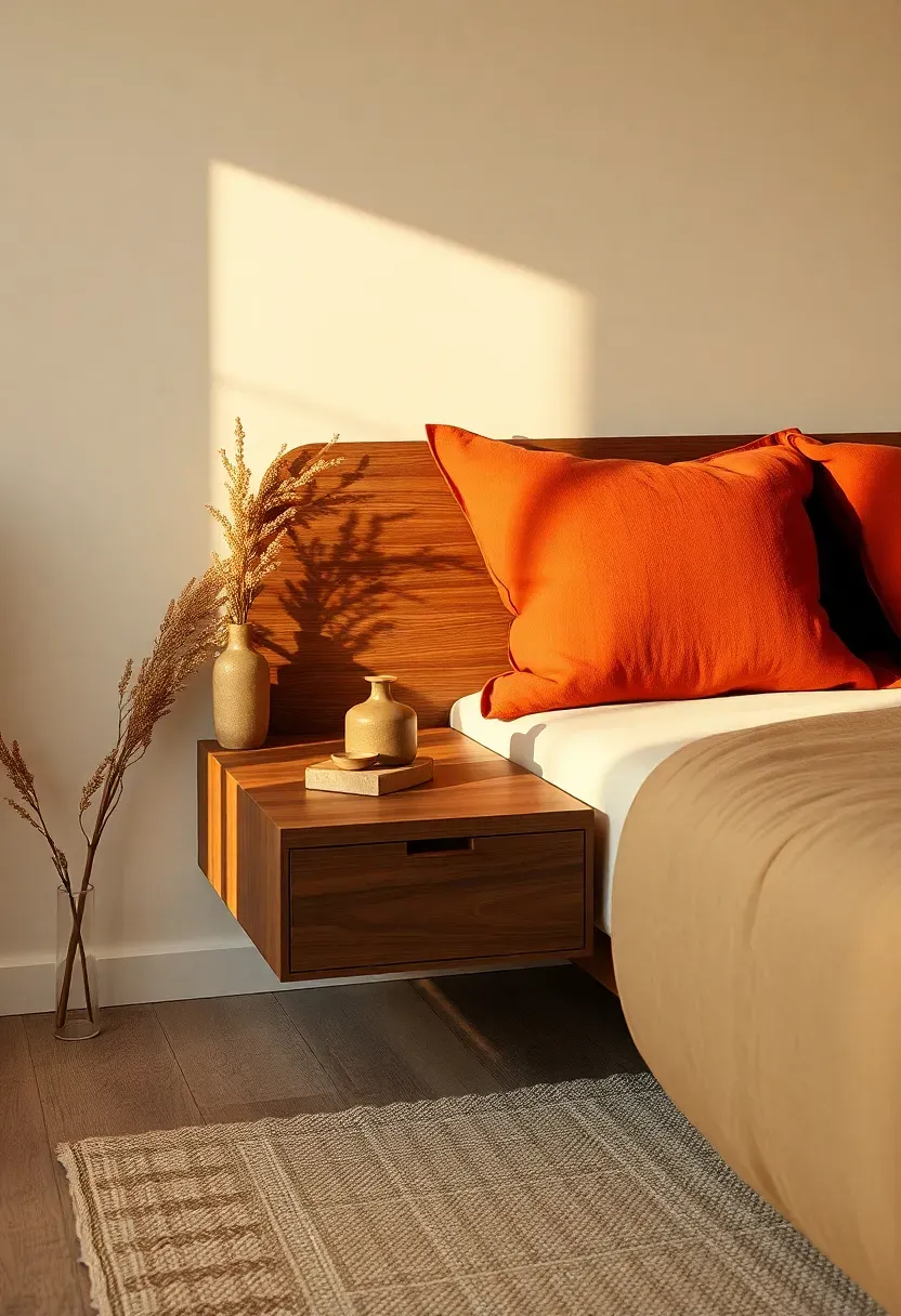 Walnut floating nightstand with rust accents