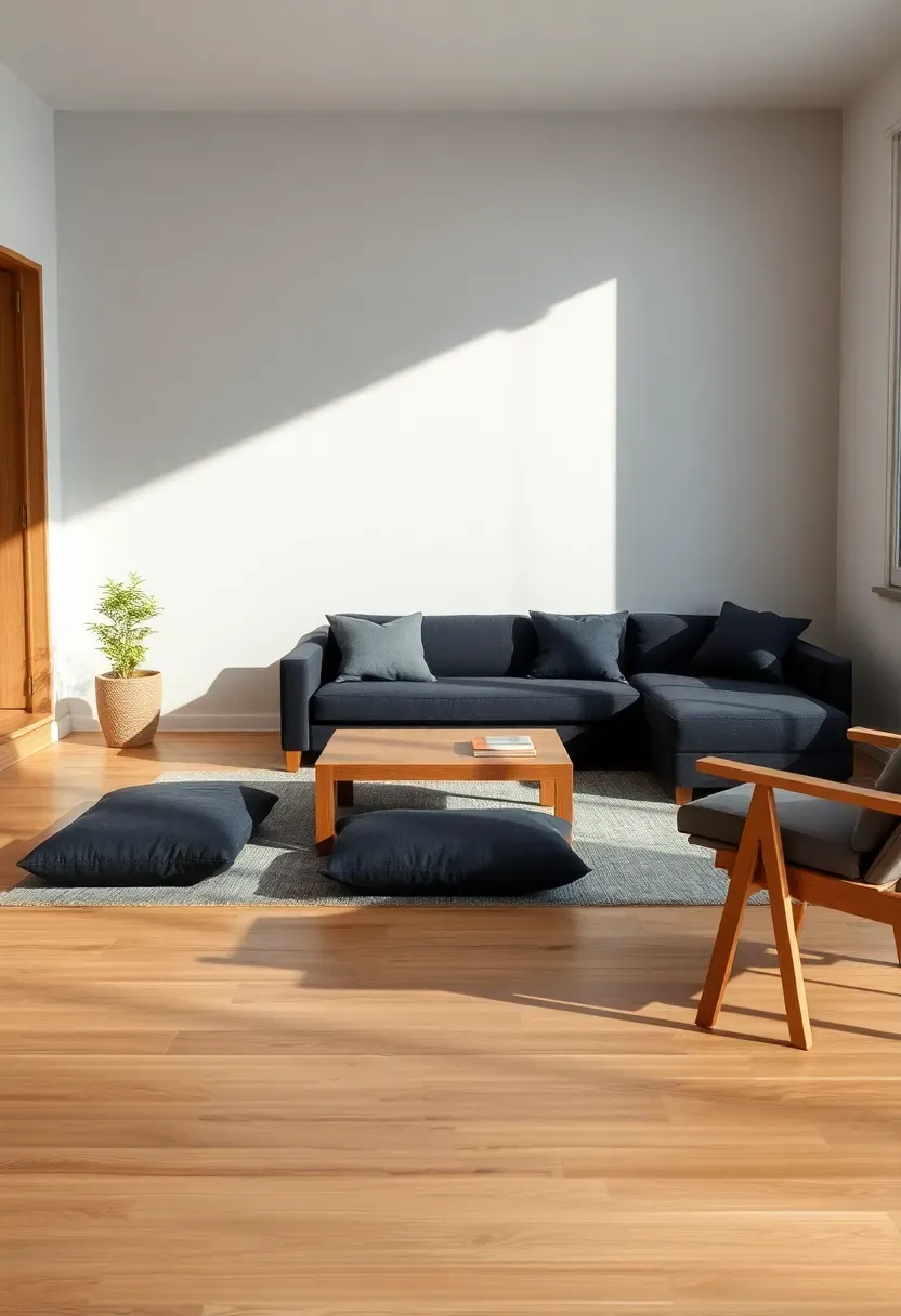 Hyper-realistic 3/4 view of minimalist living room with low-profile dark grey couch, low rectangular wood coffee table, floor cushions in matching grey, low bench, wide-profile armchair. Materials: charcoal fabric, light oak wood, grey linen cushions. Bright natural light, long horizontal shadows emphasizing low profile. Sleek minimalist mood like Japanese-inspired modern space. Shallow depth of field, visible low furniture silhouettes. No text, no logos, no watermarks.</p>