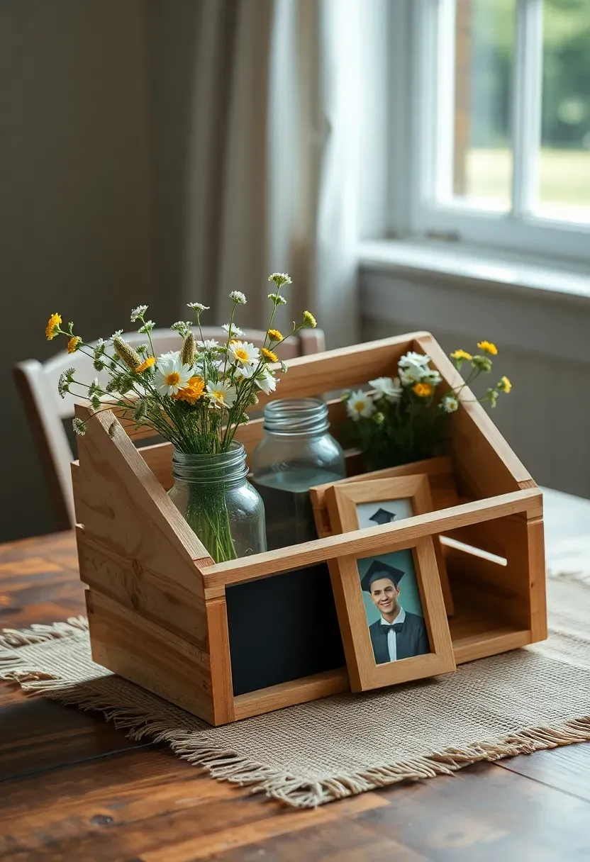 Rustic wooden crate filled with flowers, a small chalkboard sign, and graduation decor on a party table