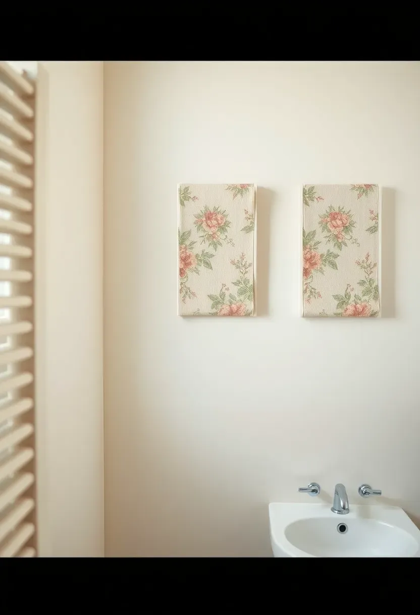 Three vintage floral fabric samples stretched over small square canvases mounted in a vertical column on a bathroom wall