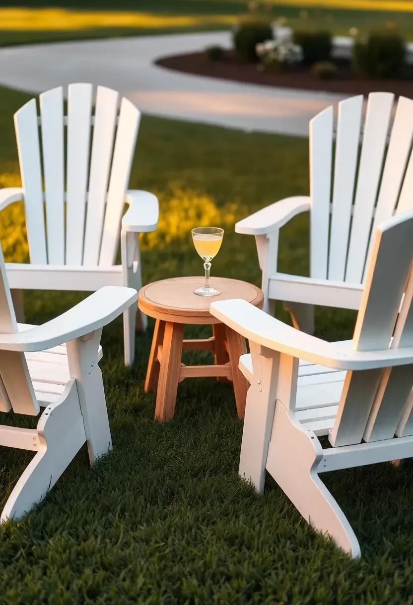 Three Adirondack chairs arranged in a semicircle on a green lawn with a small round side table between them
