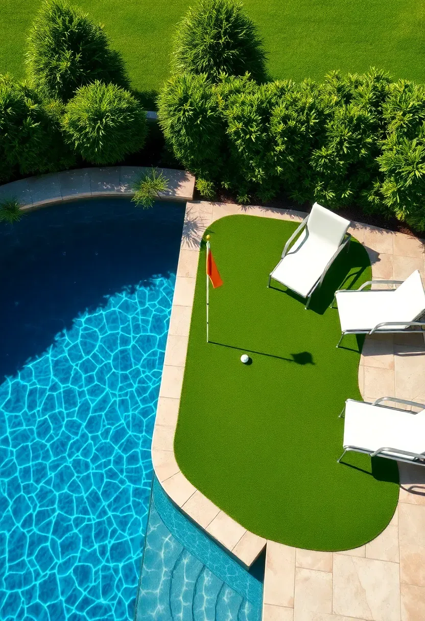 Putting green installed adjacent to a swimming pool with a stone pool deck and lounge chairs nearby