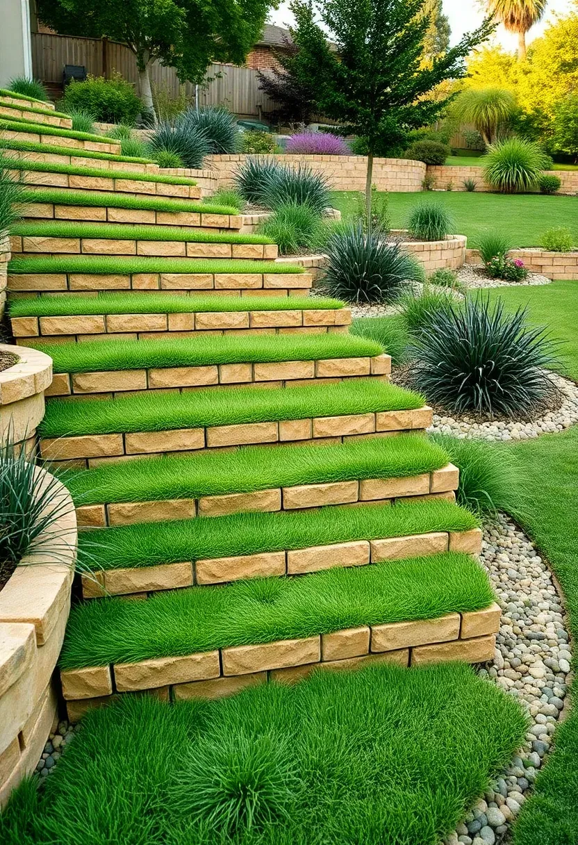 Terraced garden steps made of stacked pavers with horizontal turf strips on each tread level descending a gentle slope in a landscaped backyard