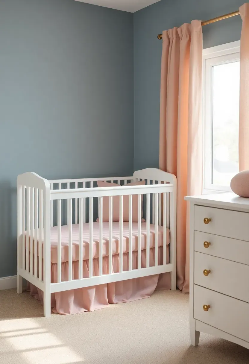 dusty blue and pink color mix nursery for baby girl with soft mixed-tone palette