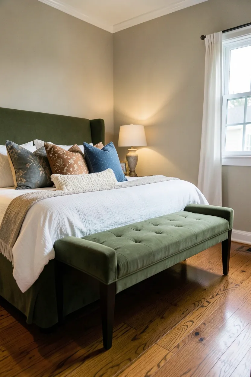Olive green bedroom with brushed brass table lamp, gold-framed mirror, and warm metallic accents on a cream linen nightstand