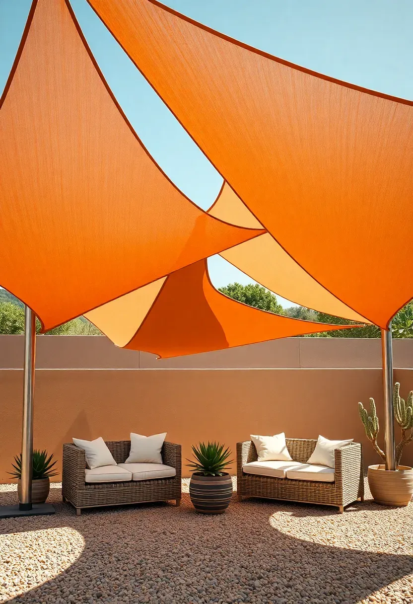 A triangular sail shade structure creating a gazebo effect with three overlapping sun shade sails in earth tones stretched between tall steel poles over an outdoor lounge area with daybeds