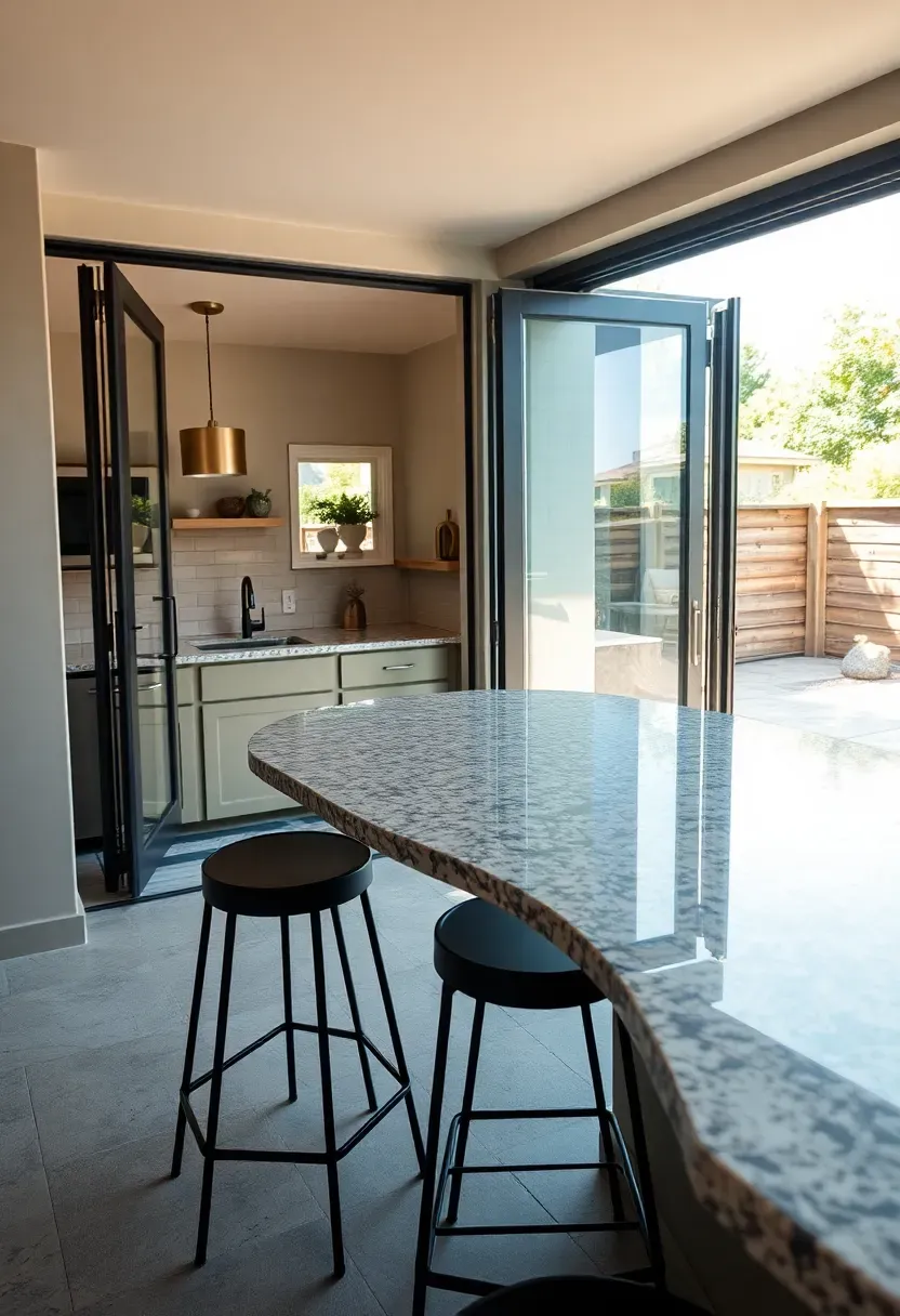 walkout basement bar that opens to an outdoor patio with folding glass doors stone countertop and outdoor seating