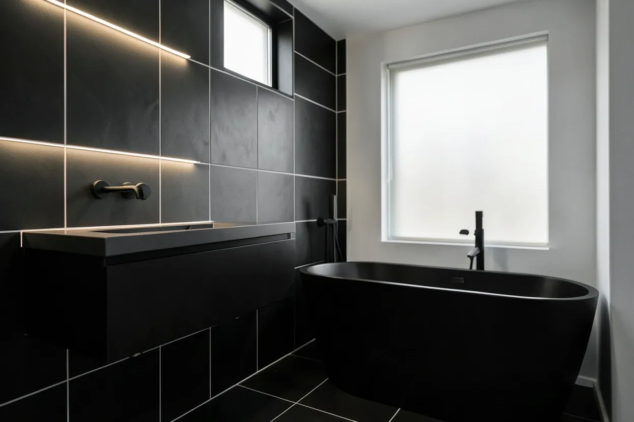 Modern black bathroom with matte black wall tiles, floating vanity with LED lighting, and white grout contrast — bold contemporary design