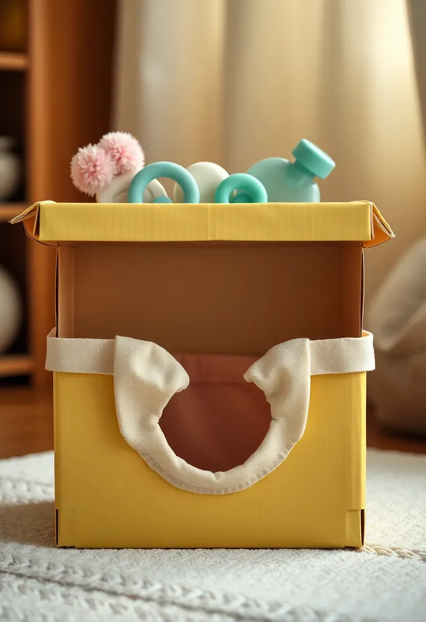 a decorated mystery box with a hole for hands and hidden baby items inside at a shower