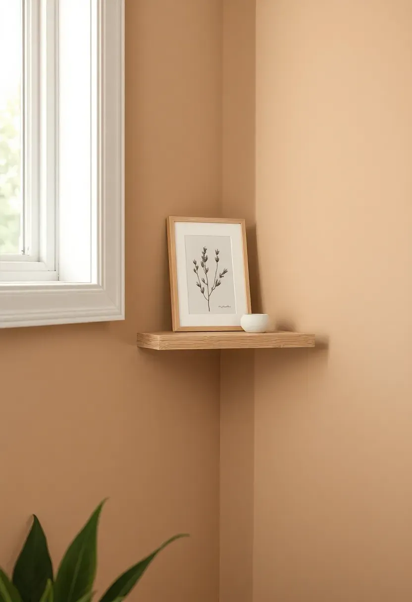 Sunroom walls painted in warm greige tone with white trim, natural wood shelf, and single framed botanical print