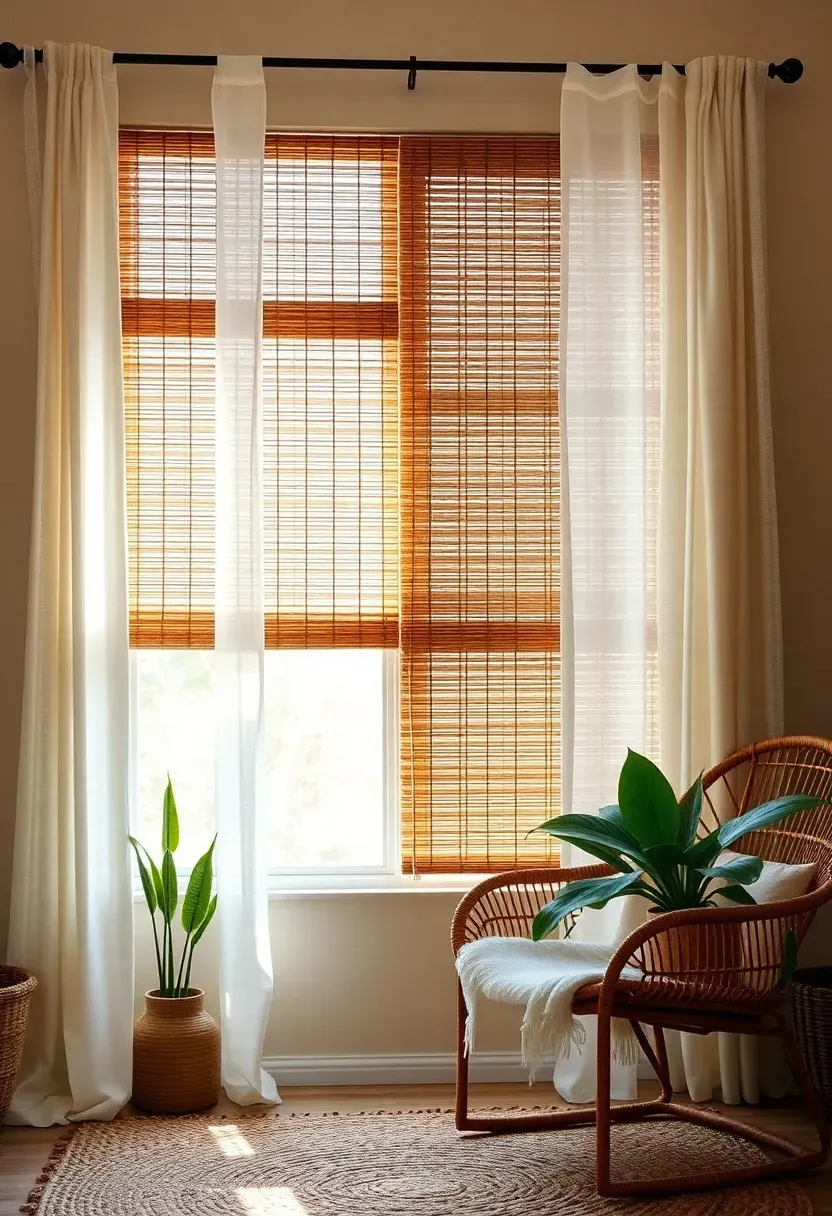 Hyper-realistic 3/4 view of an earthy boho living room window featuring bamboo blinds partially lowered with sheer linen curtains on either side, showing natural light filtering through both layers. Warm cream walls, rattan furniture visible. Materials: natural bamboo blinds with visible slat texture and construction, heavyweight sheer linen curtains with visible slub texture and natural variations, warm cream walls, jute rug, rattan chair, plants. Natural daylight streaming through layered window treatments creating filtered soft illumination throughout room. Connection to outdoors visible through sheer fabric. Natural material emphasis. Shallow depth of field showing window area foreground with furniture and room context beyond. No text, no logos, no watermarks.</p>