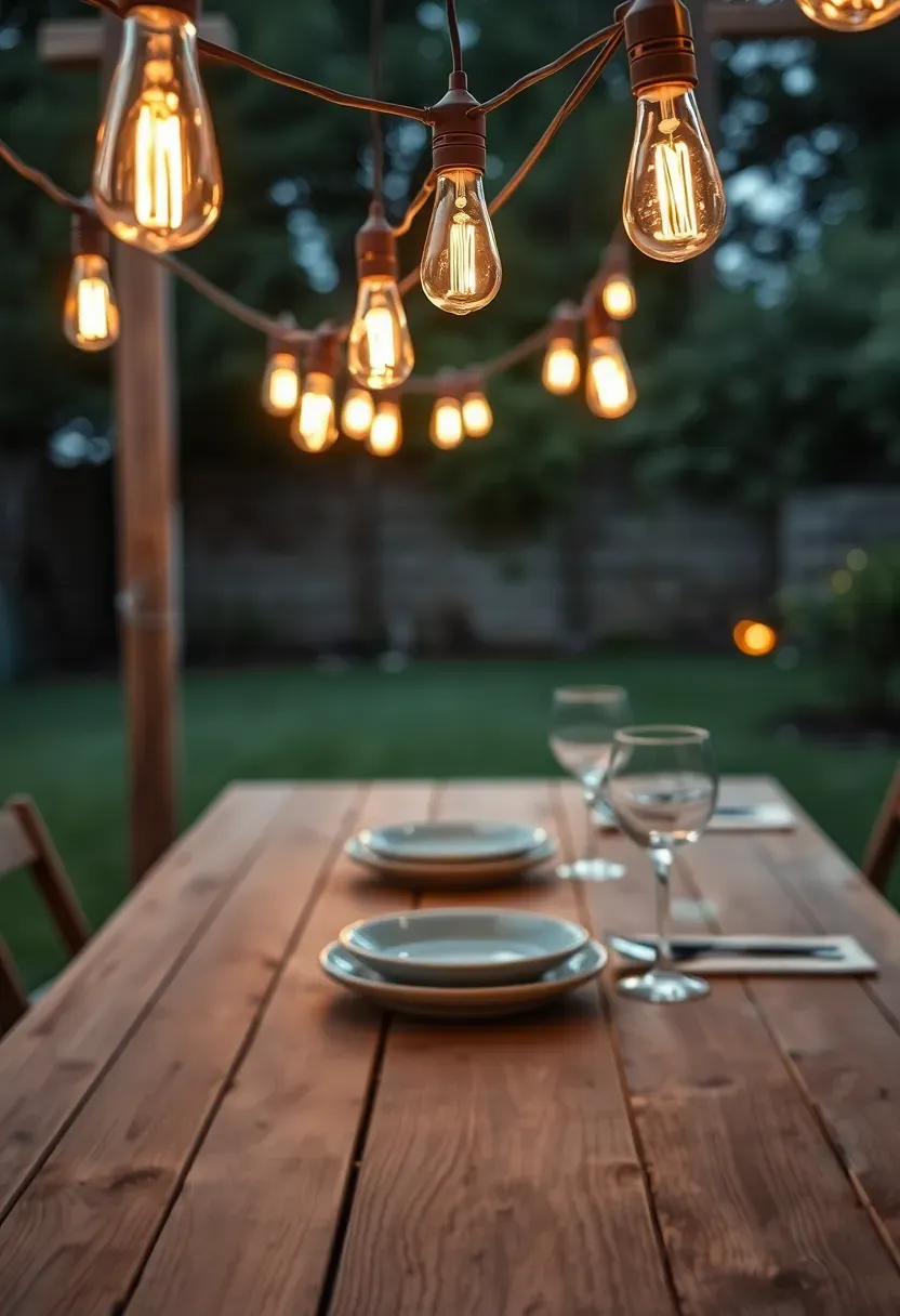 Warm white bistro string lights hung between wooden posts over a backyard patio dining table at night