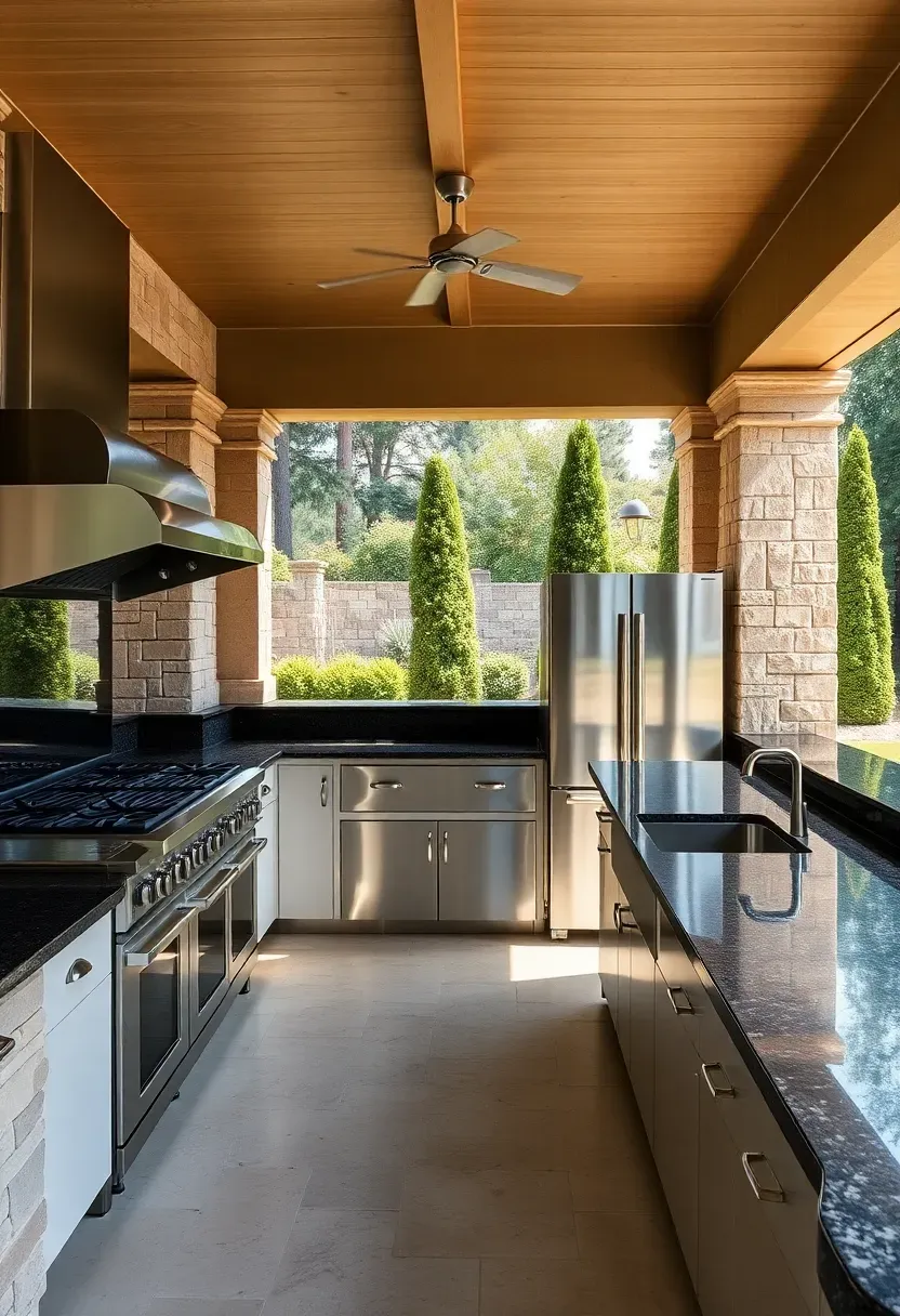Full chef-grade outdoor kitchen with commercial range, hood vent, double sink, and walk-in prep area under a stone pavilion