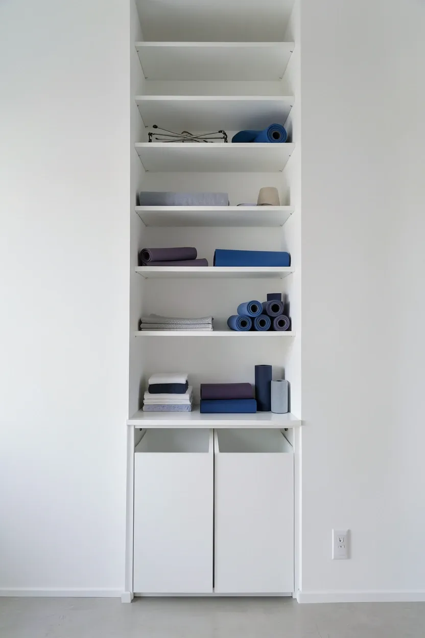 Slim white floor-to-ceiling storage column in a home gym corner holding yoga mats, foam rollers, and workout accessories — space-saving vertical gym storage