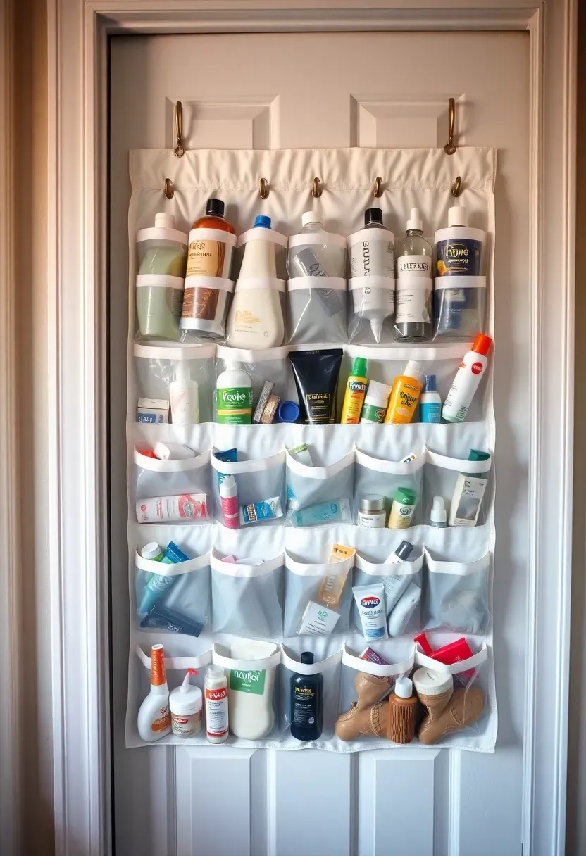 Clear over-the-door shoe organizer repurposed on a bathroom closet door filled with toiletries and small bathroom products in each pocket