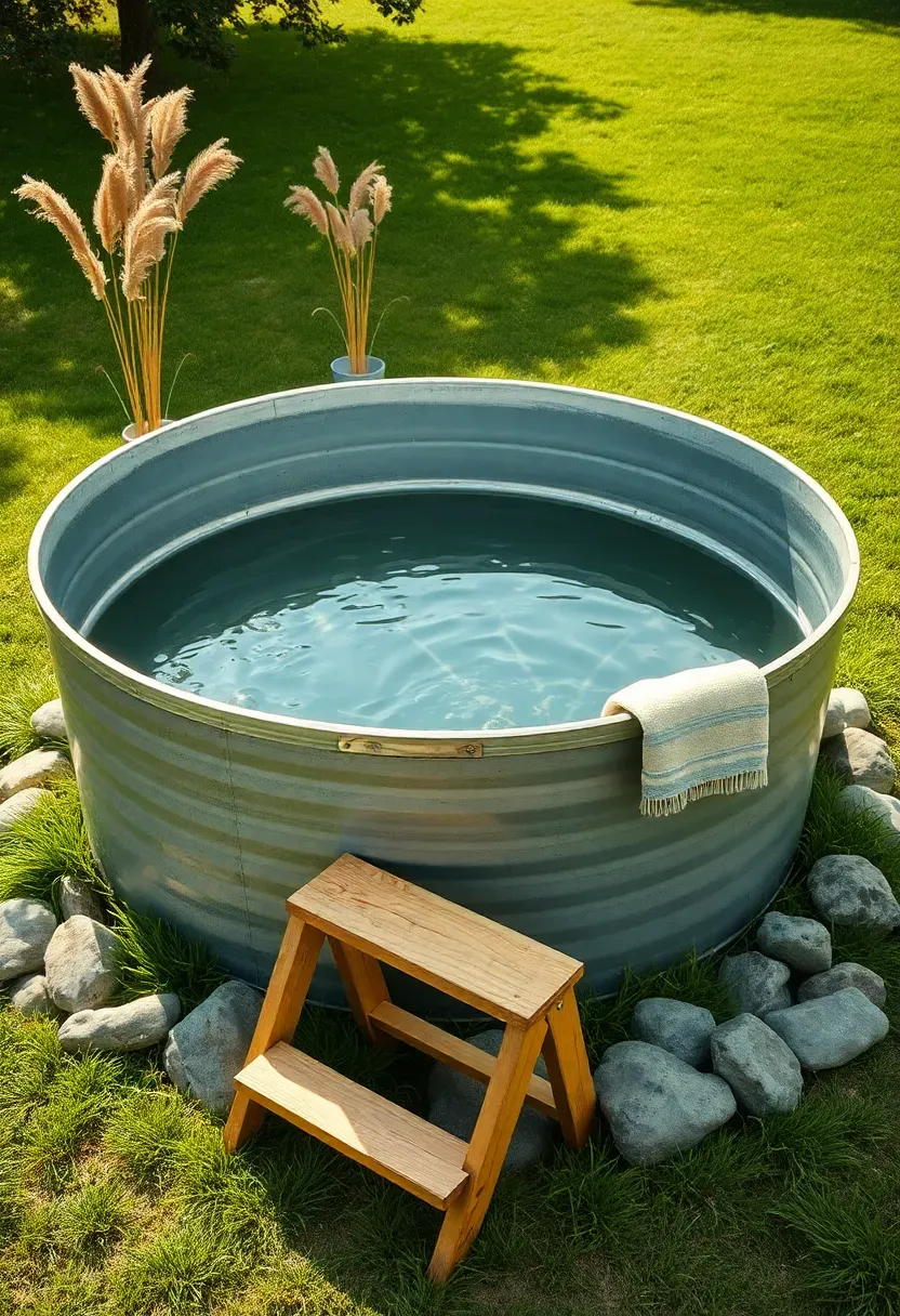 A galvanized stock tank used as a small plunge pool in a grassy backyard, surrounded by river rocks and potted grasses, with a wooden step stool for entry