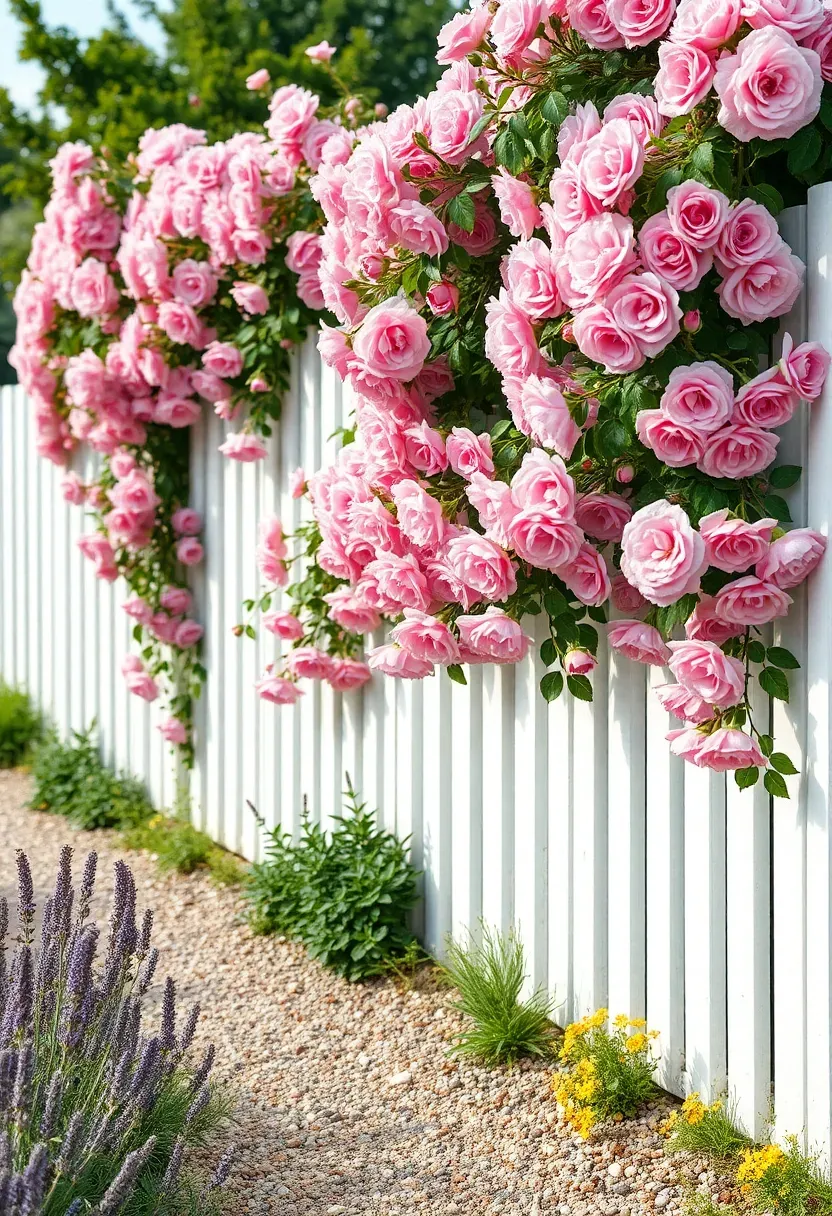 White post and rail fence with pink climbing roses in full bloom along a cottage garden pathway in summer