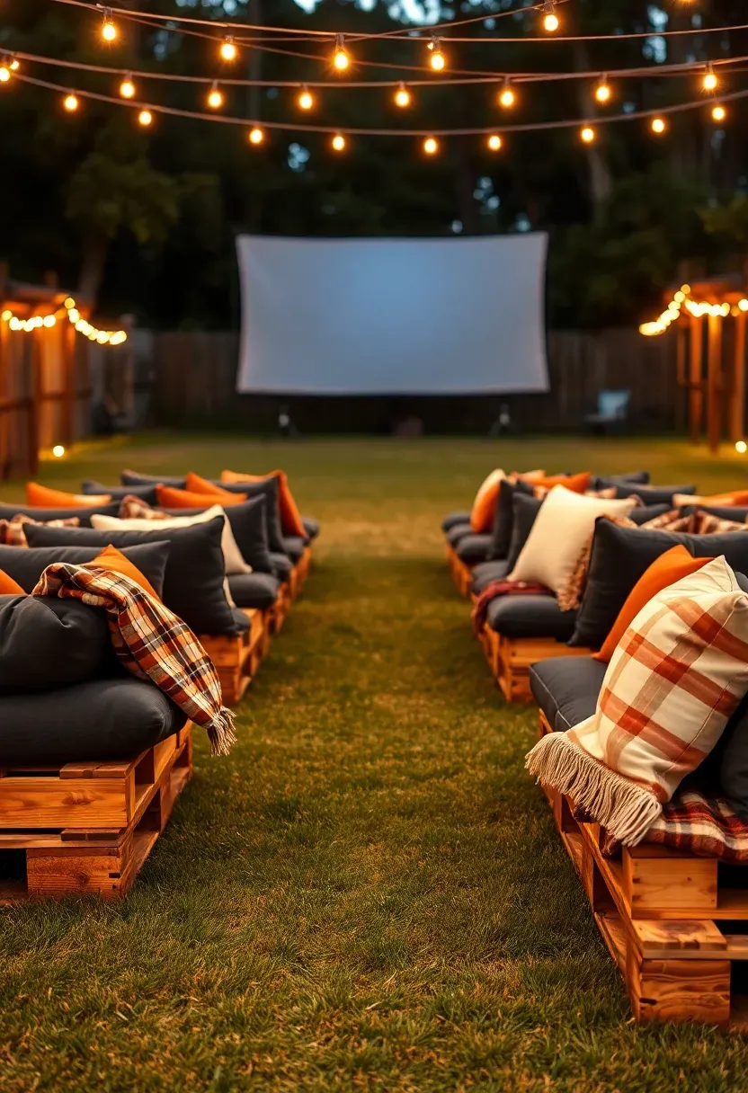 Wooden pallet benches with thick cushions and throw pillows arranged in rows facing a movie screen in a backyard