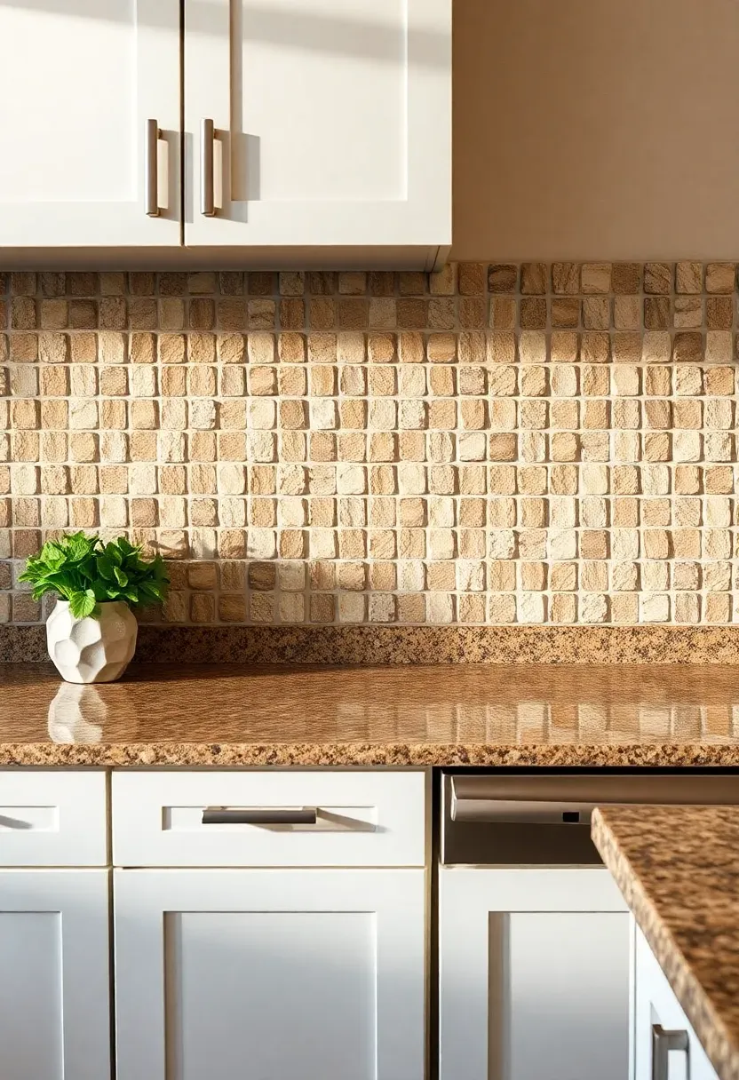 brown and cream mosaic tile backsplash with natural stone chips in a kitchen with fantasy brown granite countertops