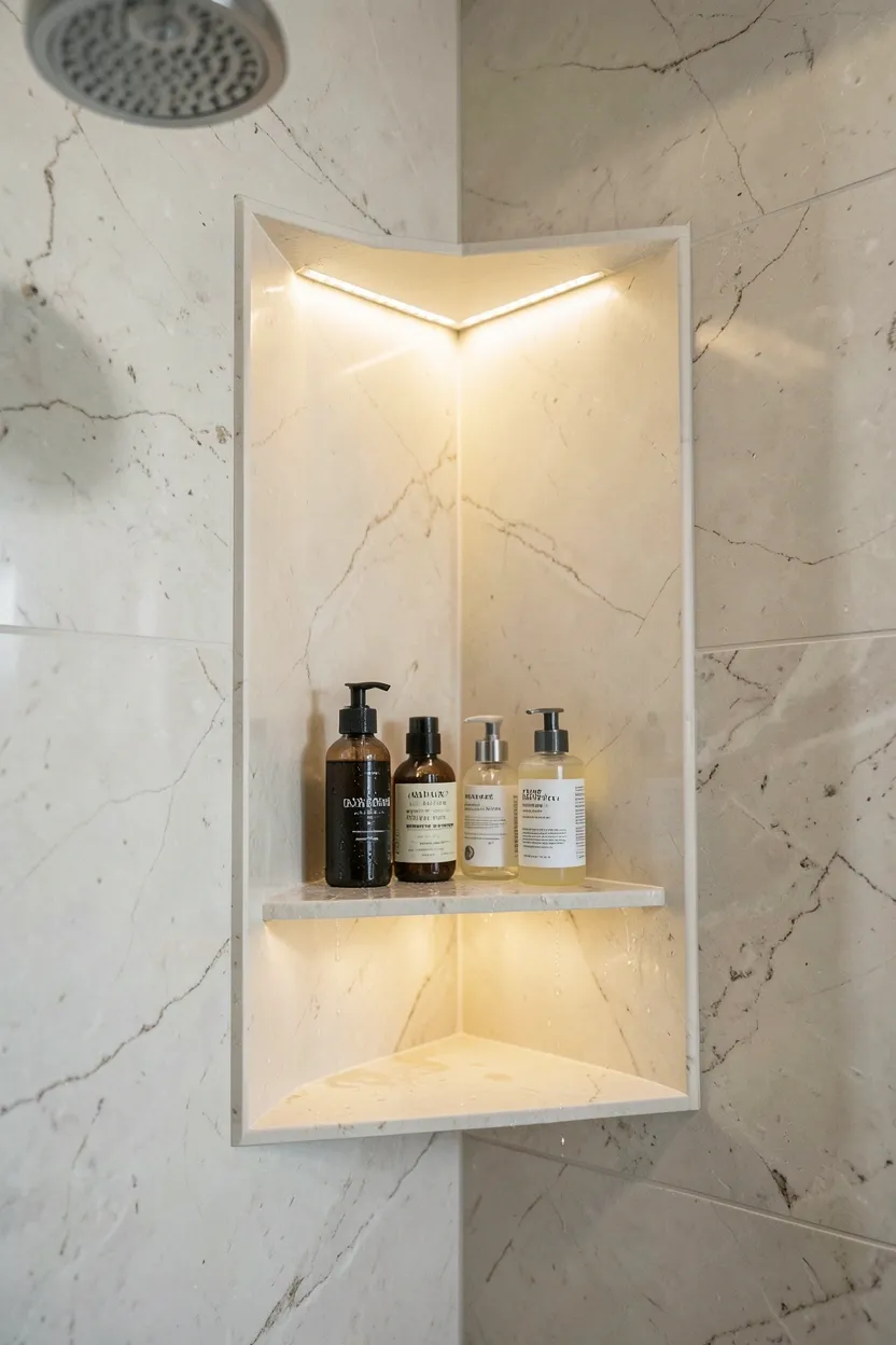 Tiled recessed shower niche with matching marble tile and LED strip lighting holding shampoo bottles