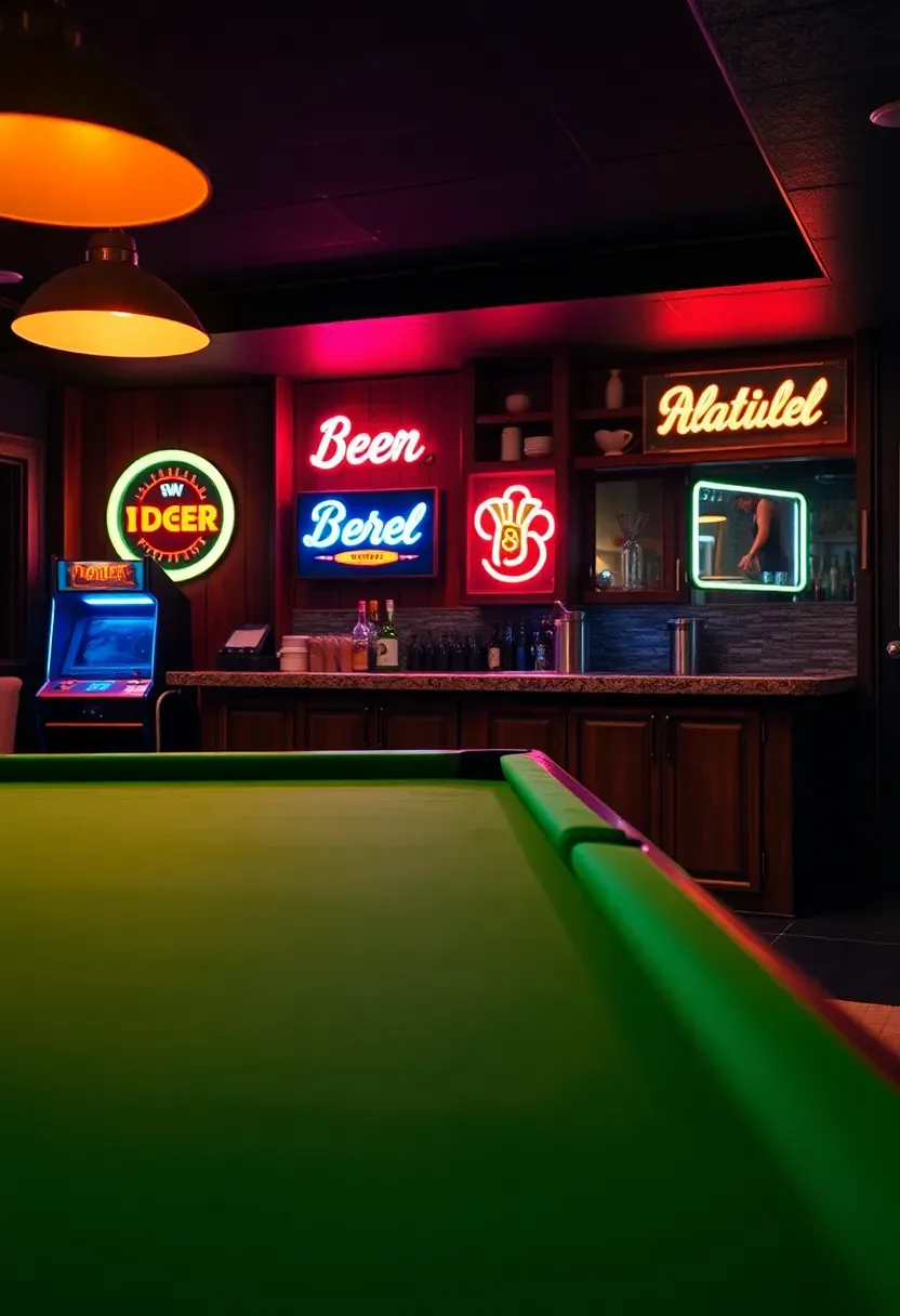 Basement game room bar with pool table in foreground, bar counter along back wall, neon beer signs, and arcade machine visible in the corner