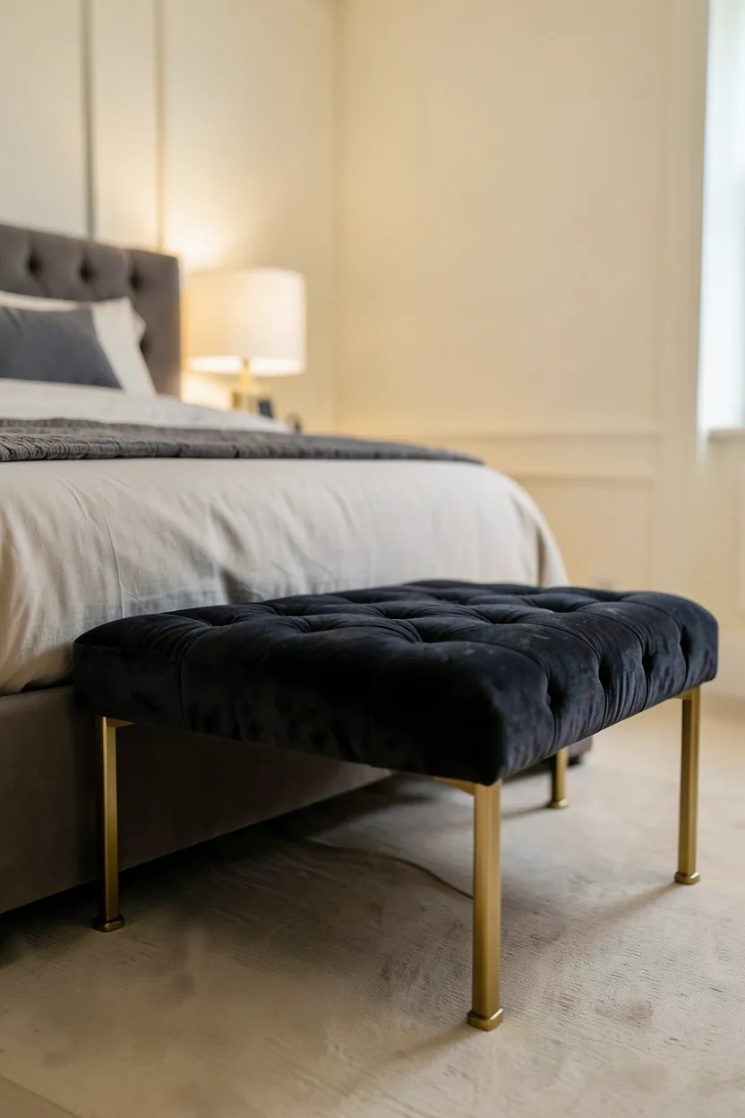 Navy tufted velvet bench with brass legs at the foot of a king bed in a luxury bedroom