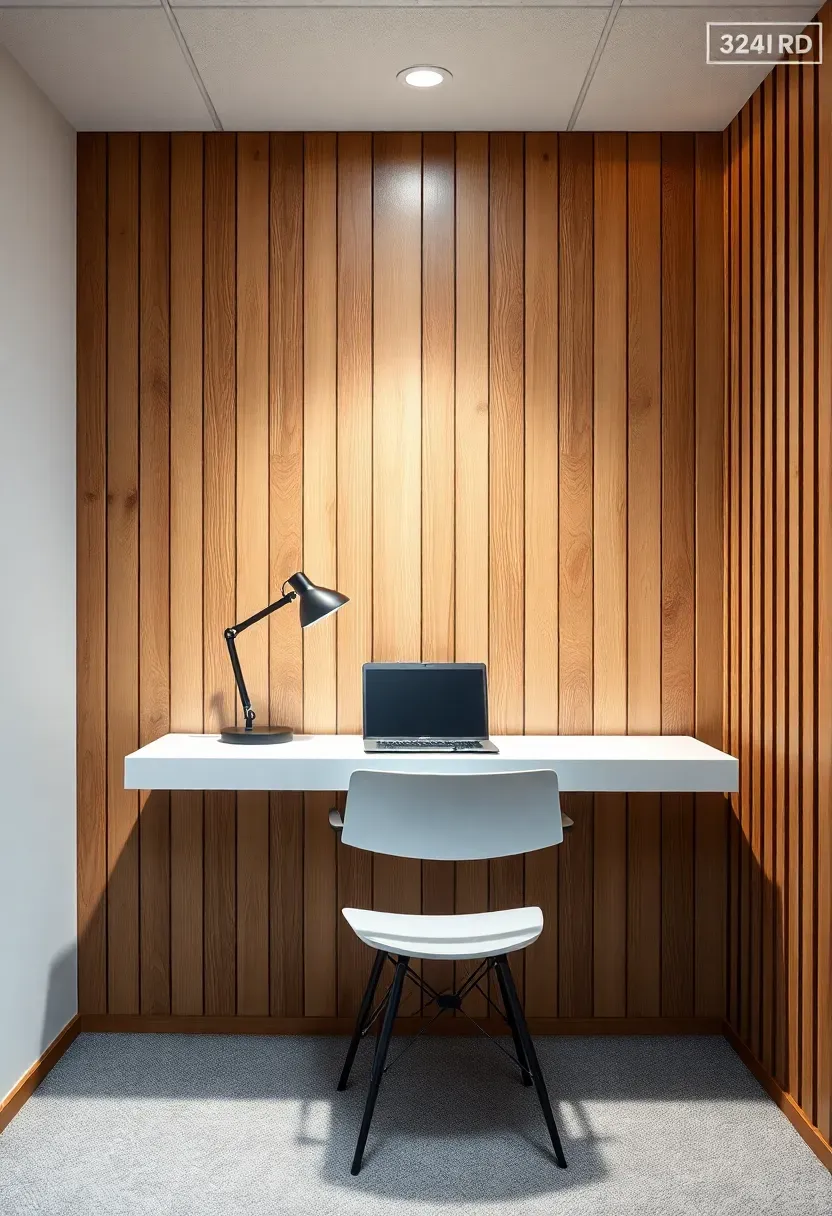 Vertical natural oak wood slat panel accent wall in a modern basement office with a floating desk and task lamp