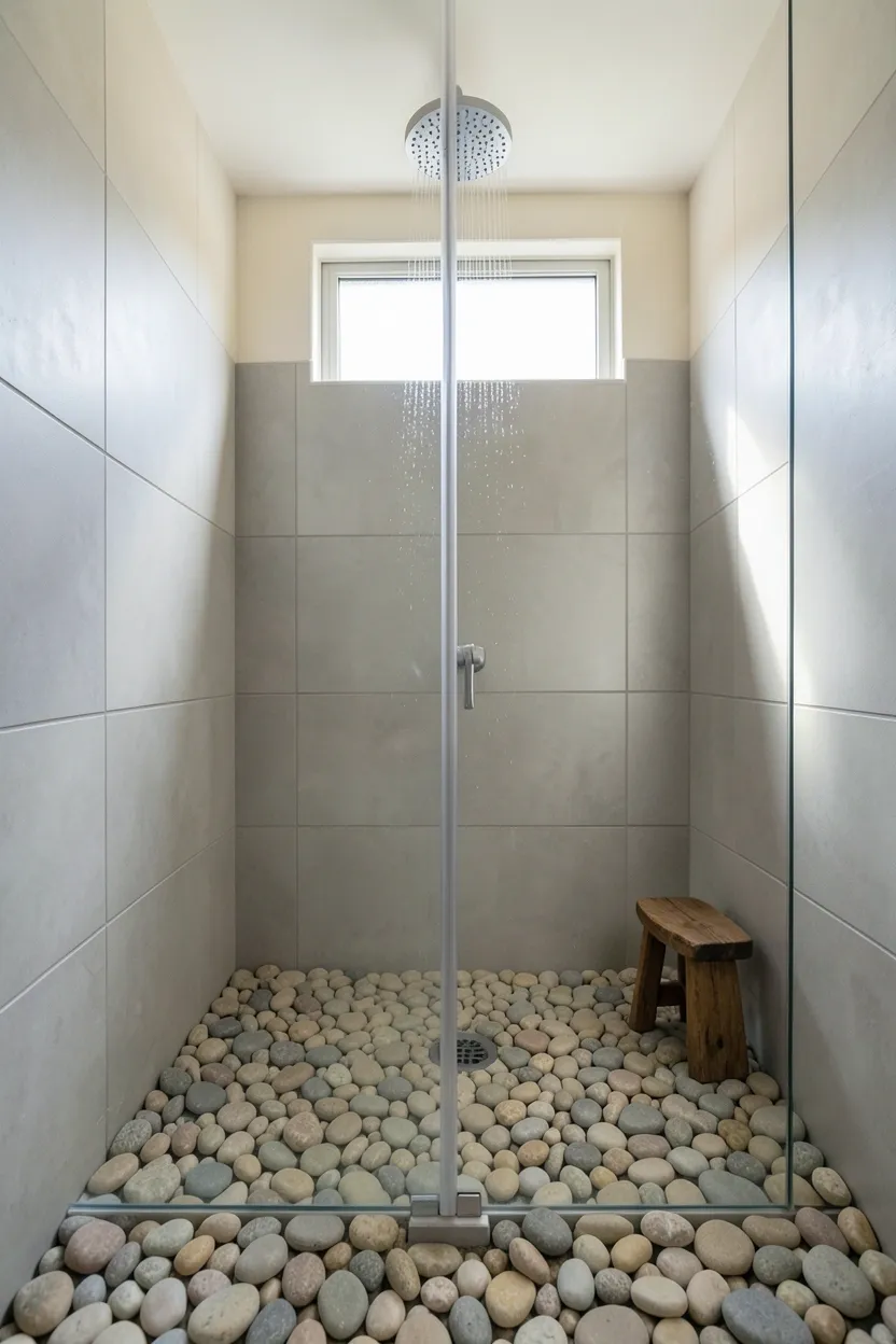 Hyper-realistic eye-level photograph of stone floor shower in zen bathroom. Shower floor covered in smooth river stones in neutral beige and grey tones. Shower walls in large format light grey ceramic tiles with minimal grout lines. Frameless glass enclosure. Rainfall showerhead mounted in ceiling. Small wooden stool in corner. Walls beyond shower in pale cream tiles. Natural morning light coming from frosted window above shower. Materials: river stones, ceramic tiles, glass. Organic spa mood. Focus on stone floor texture. No text, no logos, no watermarks.</p>