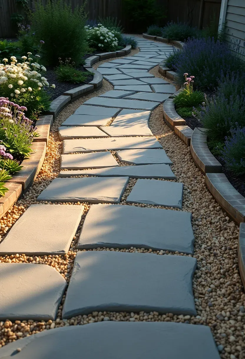 A winding gravel pathway with large natural stepping stones leading through a backyard garden bordered by low perennials