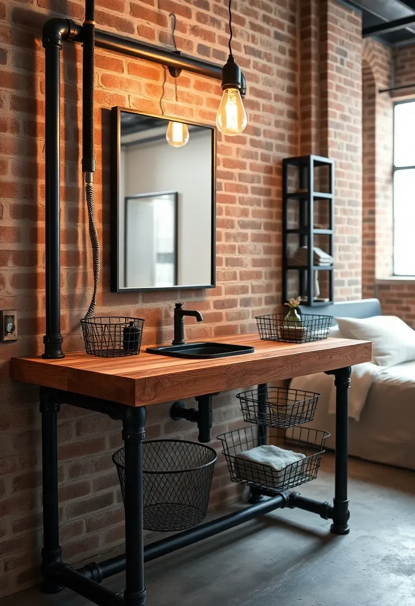 edgy industrial pipe vanity with raw metal and reclaimed wood elements