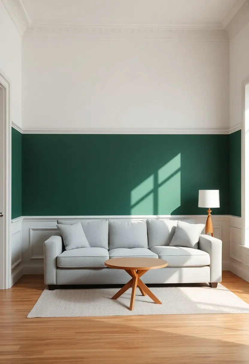 Hyper-realistic straight-on view of living room featuring white wainscoting lower half painted in deep forest green, upper walls in crisp white, with gray contemporary sofa and round wooden coffee table. Materials: white painted wood molding with detail, forest green painted paneling below, light gray linen sofa, natural wood floor, ceramic table lamp. Natural window light from side creating subtle shadows on molding details, minimal room context showing corner where two walls meet with consistent wainscoting treatment. Sharp focus on architectural details, no text or logos.</p>