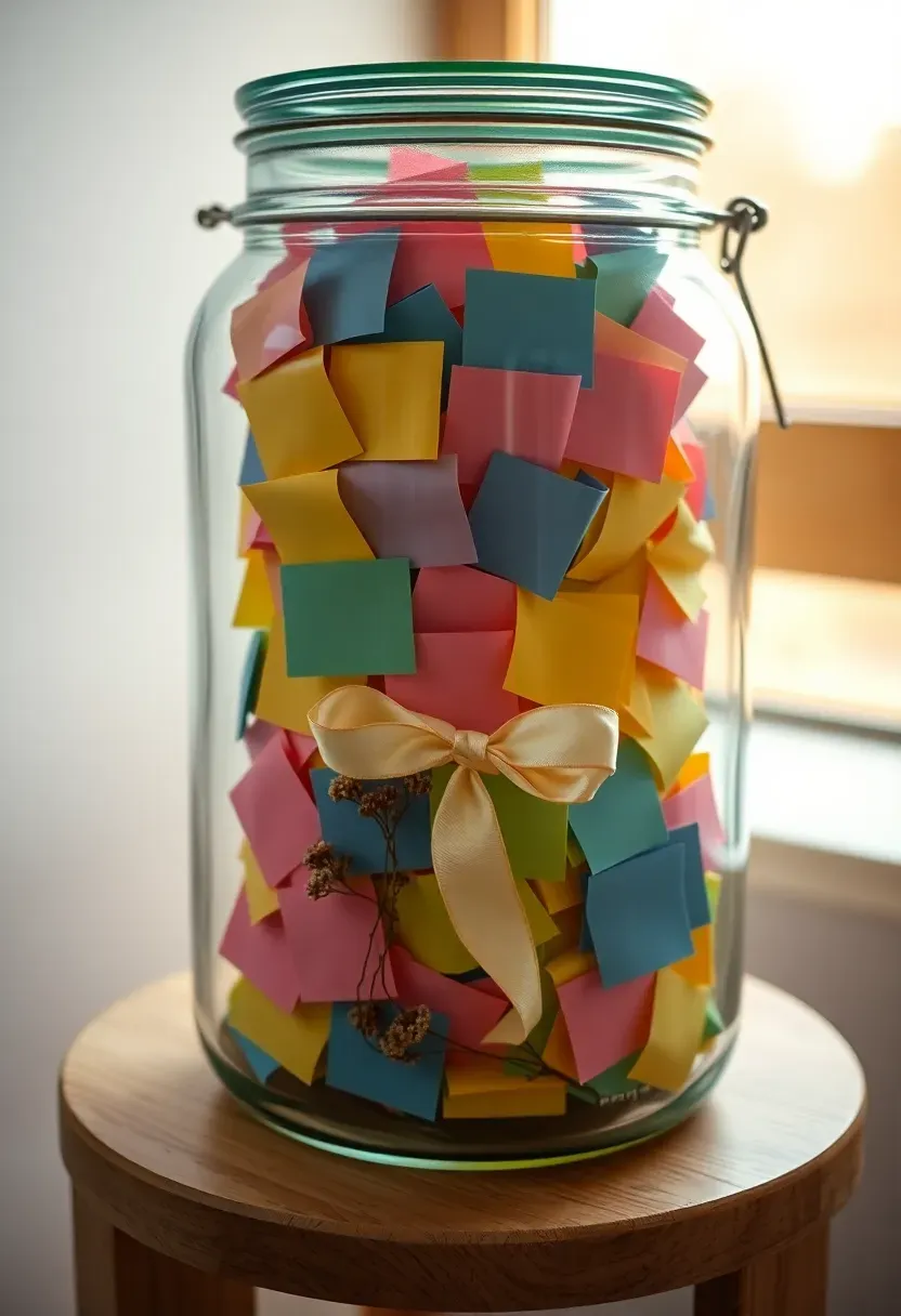 decorated glass jar filled with colorful folded paper notes and ribbons