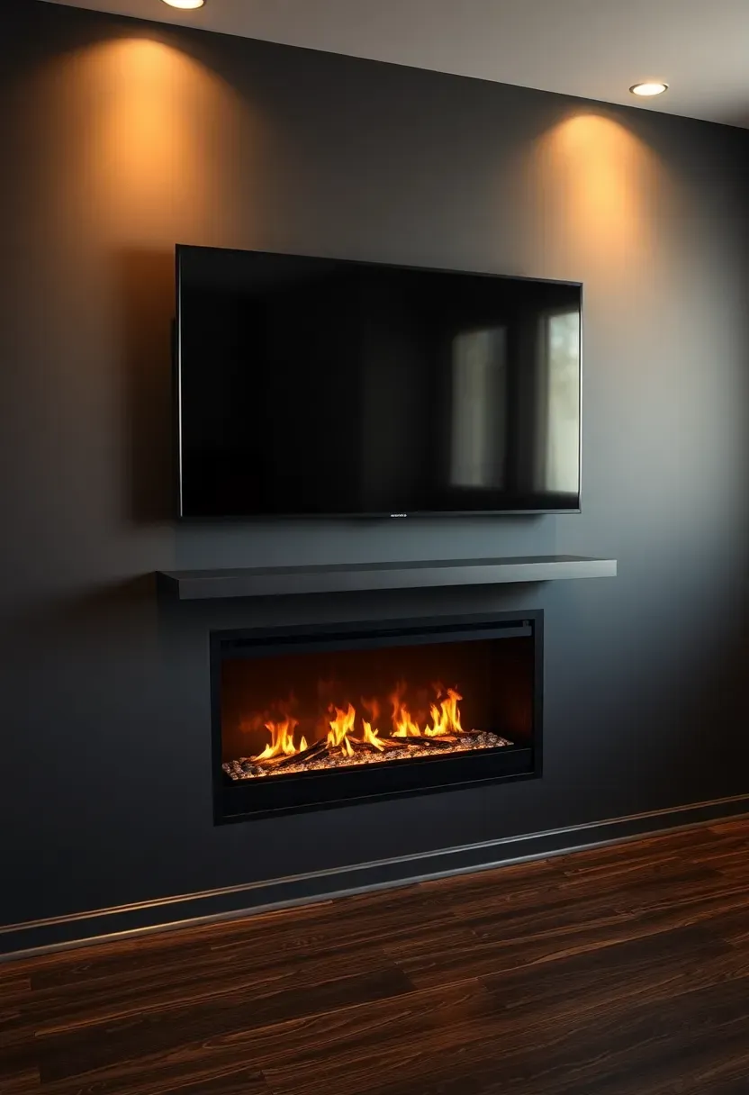 Basement wall with an electric fireplace below a mounted TV set into a dark gray surround with integrated mantel shelf
