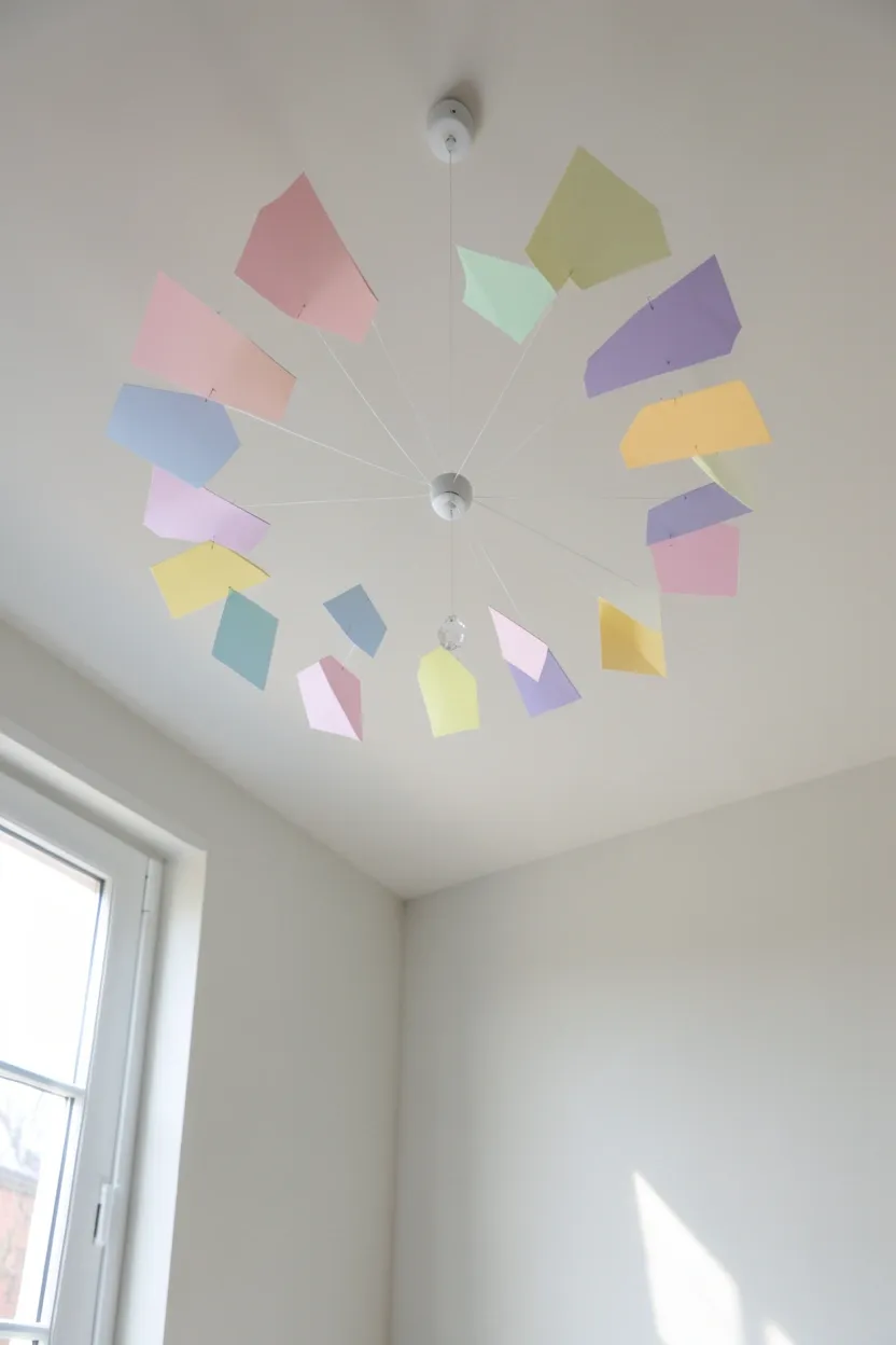 DIY ceiling mobile with dried flowers and origami paper shapes hanging near a teen bedroom window