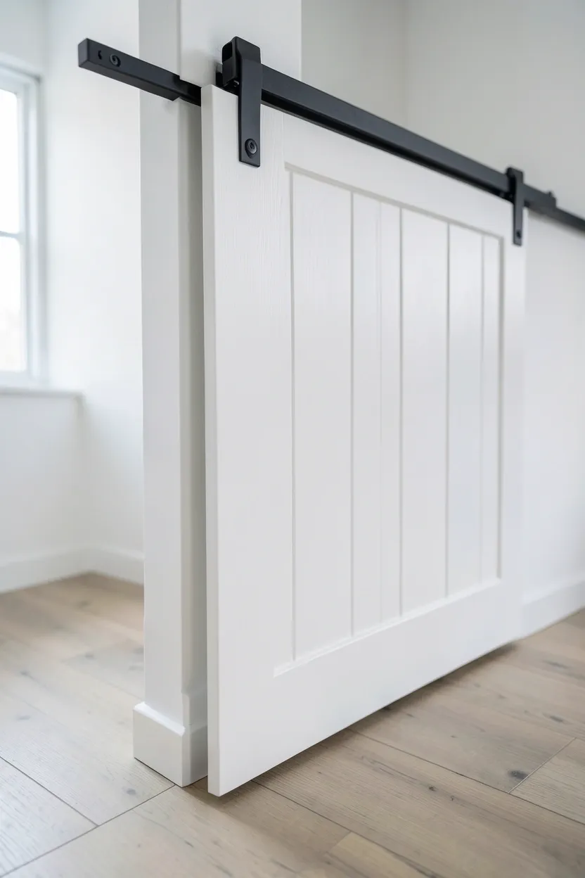 Sleek sliding barn door on a black metal track leading into a modern apartment bathroom, saving swing space in a compact layout