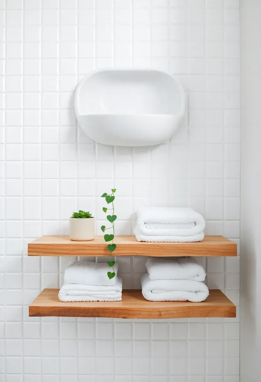 White wall-mounted ceramic basin with a wooden shelf below holding folded towels and a plant