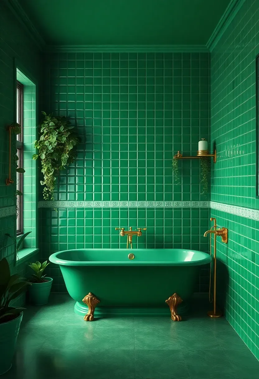 Fully emerald green bathroom with green tiles on walls and floor, green bathtub, gold fixtures, and lush green plants