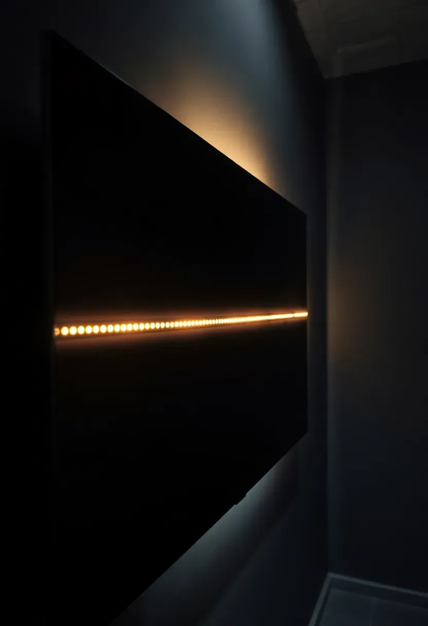 Close-up of LED bias lighting strip glowing warm white behind a 75-inch television mounted on a dark basement wall, creating a soft halo effect that reduces eye strain