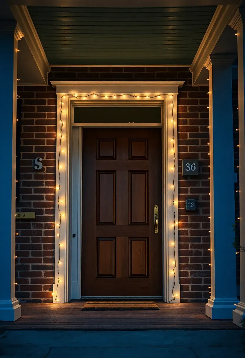 Hyper-realistic eye-level centered view of a residential front door framed with warm white mini LED light strands outlining the door casing and surrounding trim, creating a glowing rectangular frame that emphasizes the entry as the focal point. Materials: rich wood front door with glass panels, brass door hardware and kickplate, white painted door trim and casing, brick porch with columns flanking the entry, porch ceiling above, house number visible beside door. Natural evening darkness with warm door frame glow creating welcoming entry emphasis while surrounding porch remains in relative shadow for contrast, cool blue ambient sky. Welcoming sophisticated mood like boutique hotel entrance holiday display. Shallow depth of field, sharp details on door frame lights and hardware, centered composition, soft shadows, no text or watermarks.</p>