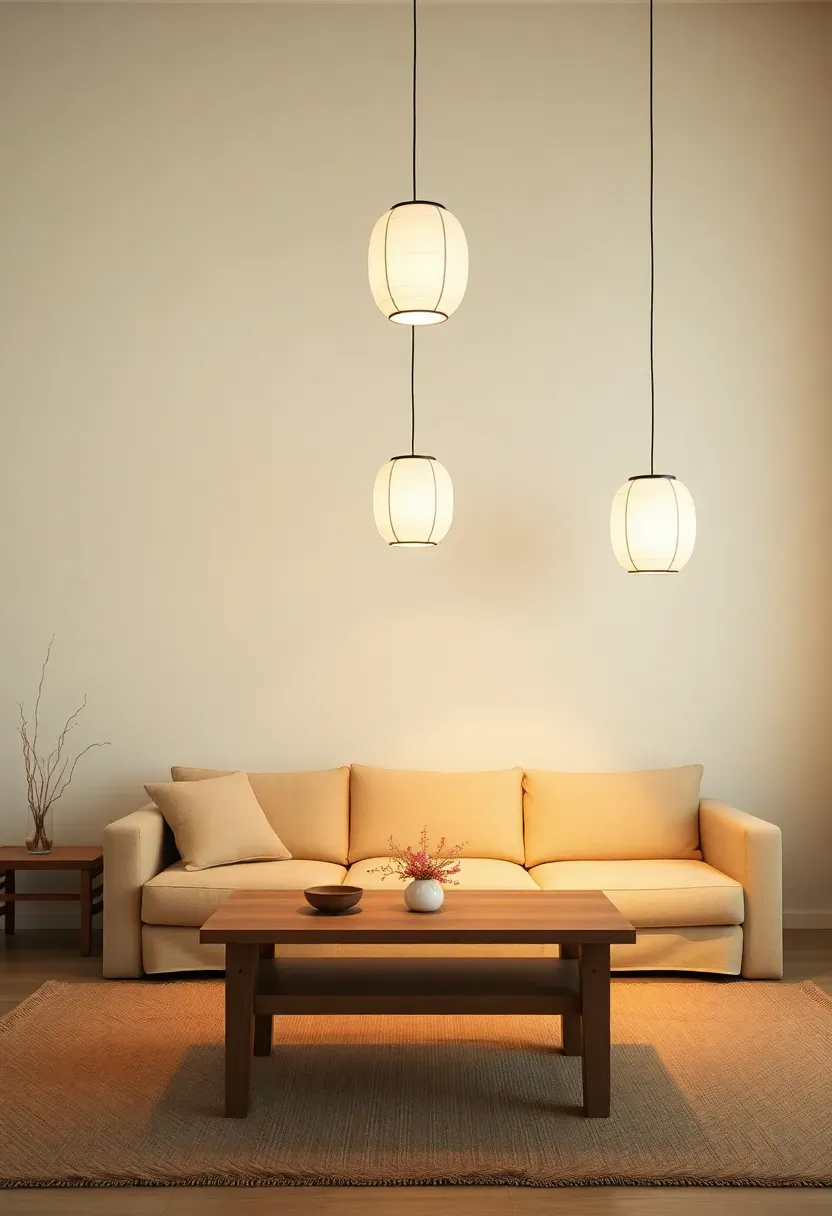 Hyper-realistic wide shot of a minimalist Japandi living room with three paper lantern style pendant lights at varying heights above low wooden coffee table, warm white walls, beige sofa. Materials: white paper lantern shades, minimal black cords, light oak table, beige linen sofa, wool rug. Evening interior with warm lamp glow casting soft shadows, serene and cozy atmosphere. Sharp details on paper texture and wood grain, clean composition, no clutter, no text, no logos.</p>