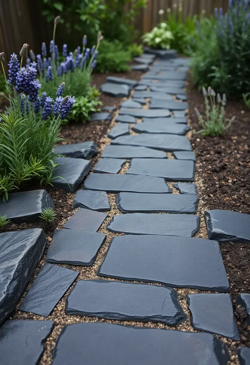 Dry-laid slate pathway in dark gray and purple tones with irregular shapes and tight joints through a backyard herb garden
