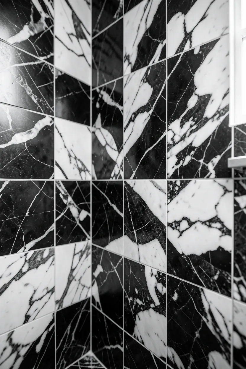 Black and white marble tile accent in a modern apartment bathroom, with bold veining creating timeless elegance and dramatic contrast