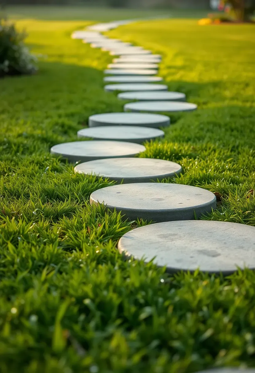 Round concrete stepping stones set into a green lawn creating a casual backyard path with morning dew on the grass