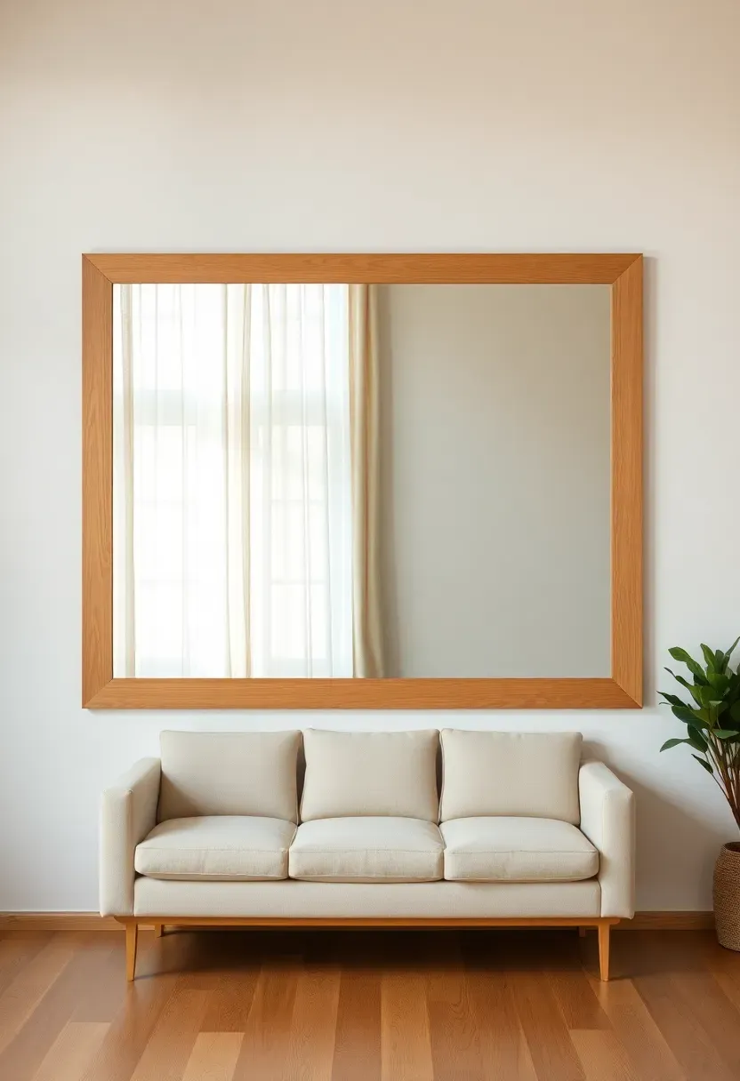 Hyper-realistic medium shot of a large rectangular mirror with natural light oak wood frame mounted on a warm white wall. The mirror reflects a large window with sheer linen curtains and soft natural daylight. In front: a simple light beige sofa and light oak flooring. The reflection shows the room depth, making the space appear larger. Materials: oak wood frame, glass mirror, linen curtains. Soft diffused natural lighting. Clean composition. No text, no logos, no watermarks.</p>