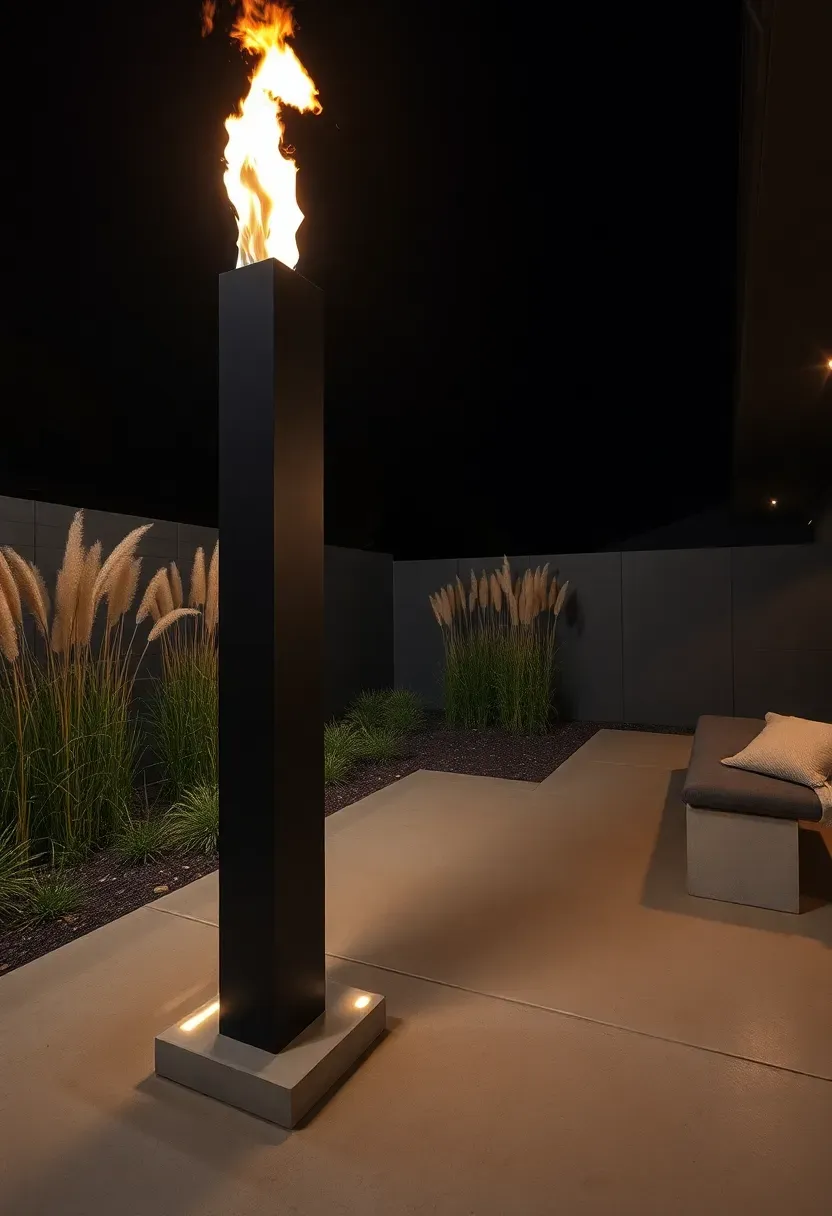 A tall minimalist matte black steel fire column on a concrete patio with architectural landscaping at night