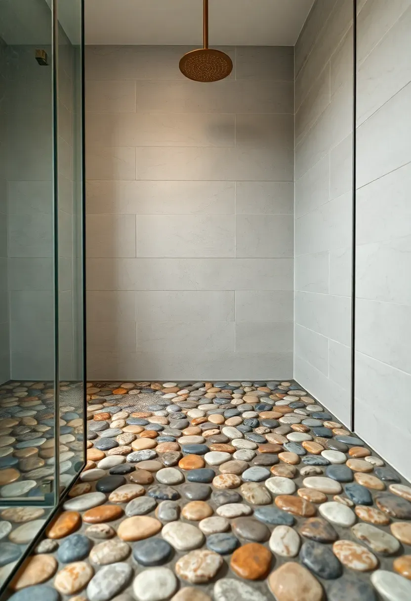 Smooth river pebble stone shower floor in mixed grey and tan tones inside a curbless walk-in shower