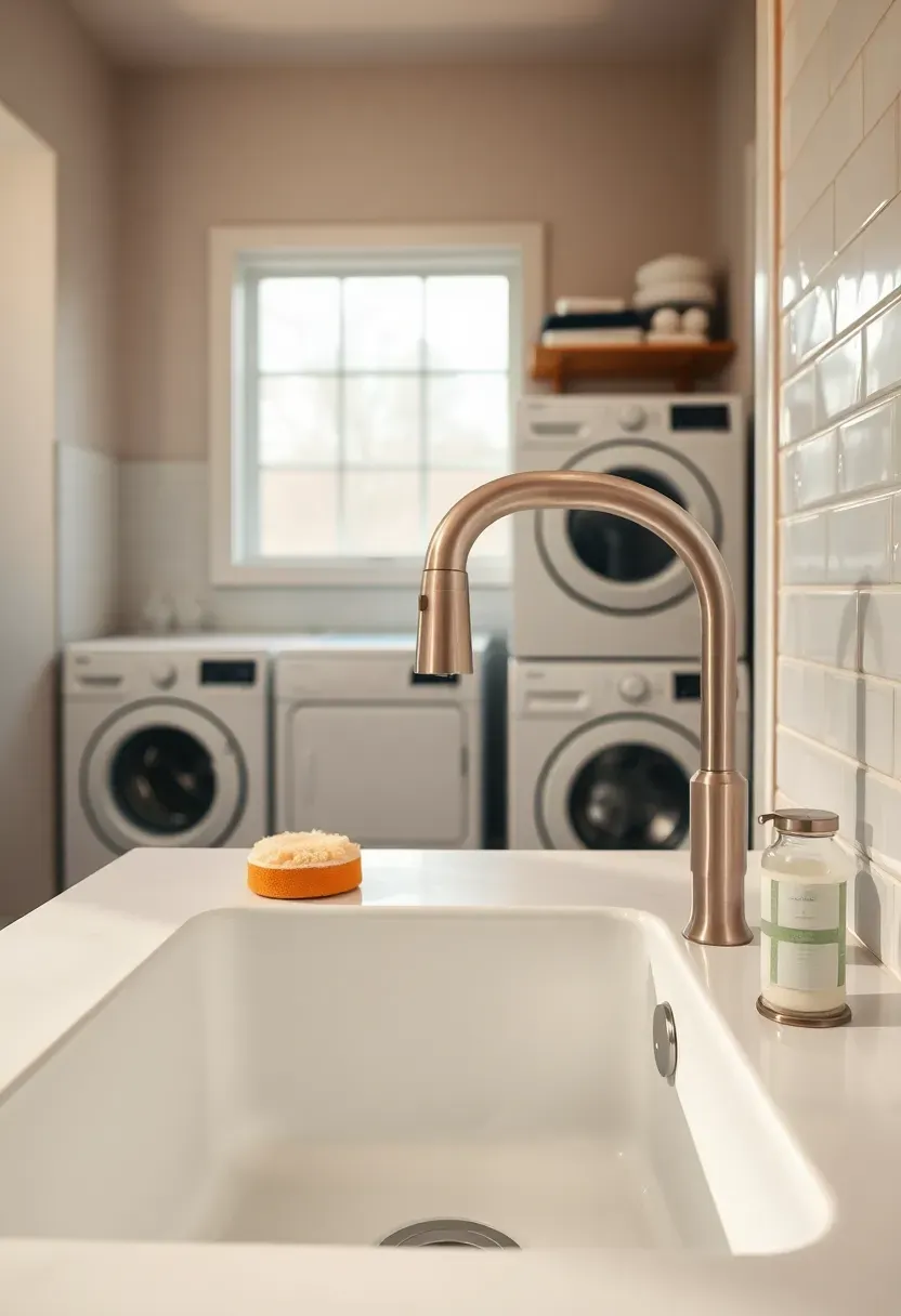 Deep utility sink with pull-down sprayer faucet in brushed nickel beside a stacked washer dryer in a well-organized laundry room