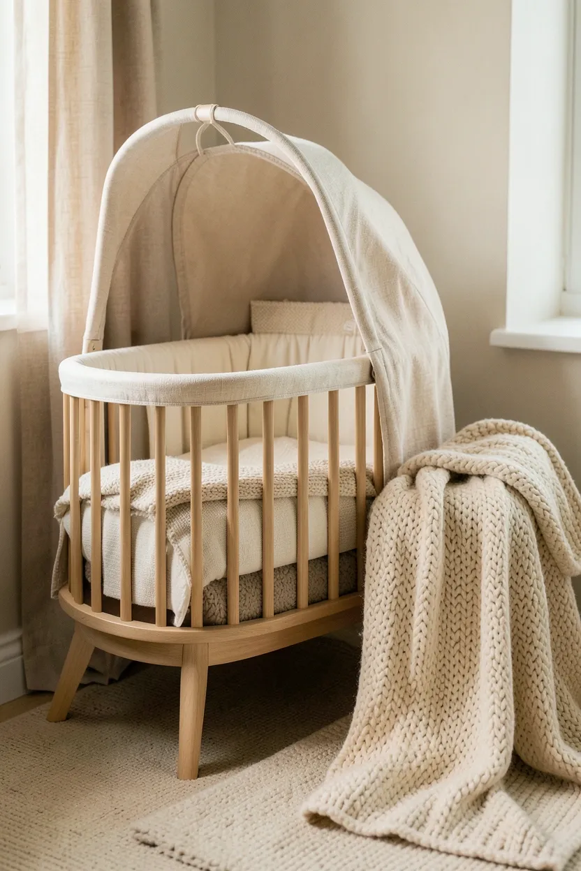 Nursery corner with built-in bench featuring hidden storage under plush cushion for nursing and bonding in a compact master bedroom